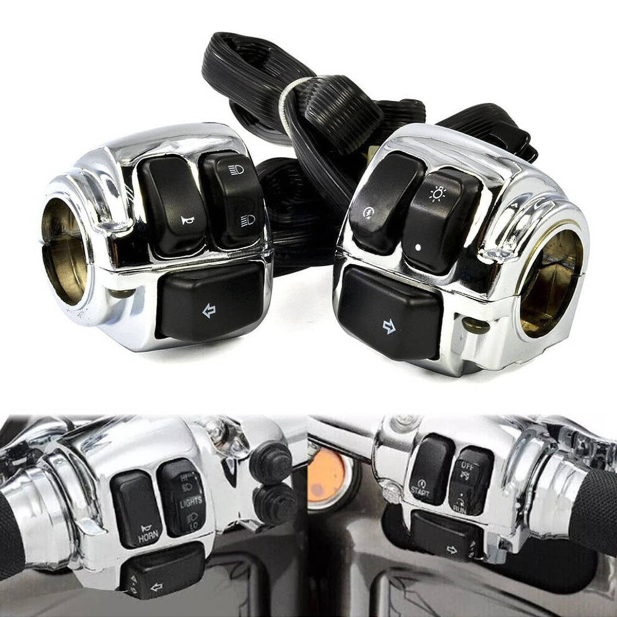 Motorcycle handlebar control switch pair with black buttons and wiring harness cable