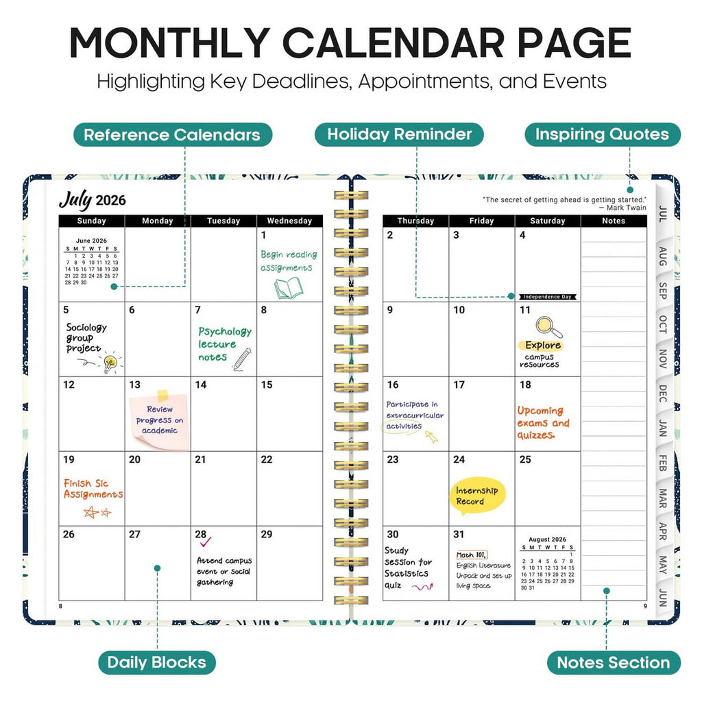 Open monthly calendar pages in a spiral planner with highlighted priorities and notes
