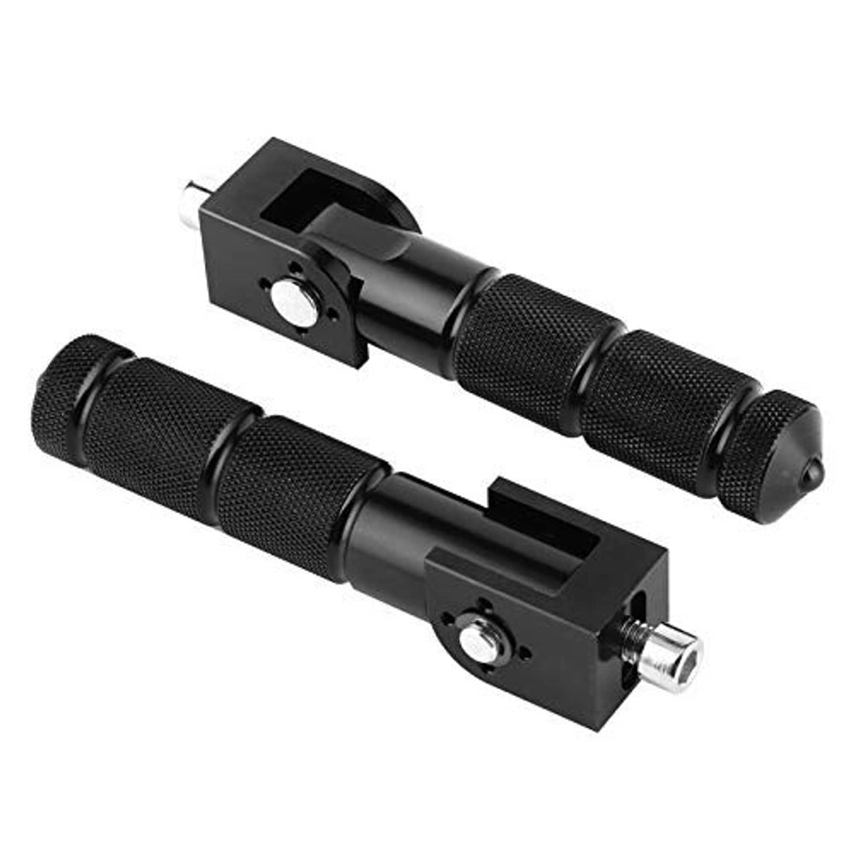 Universal motorcycle passenger foot pegs, black textured grips, metal mounting bracket, stud