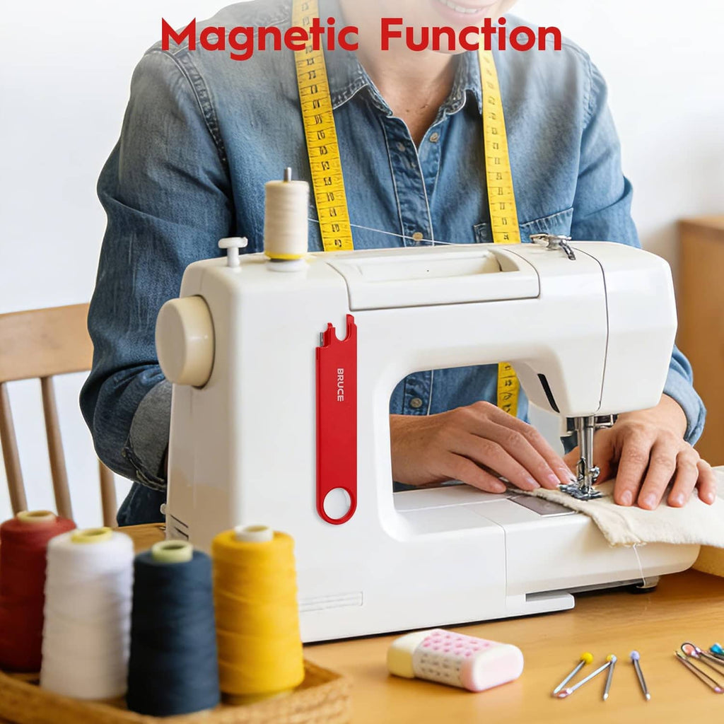 Sewing machine setup with red needle area tool as fabric is stitched