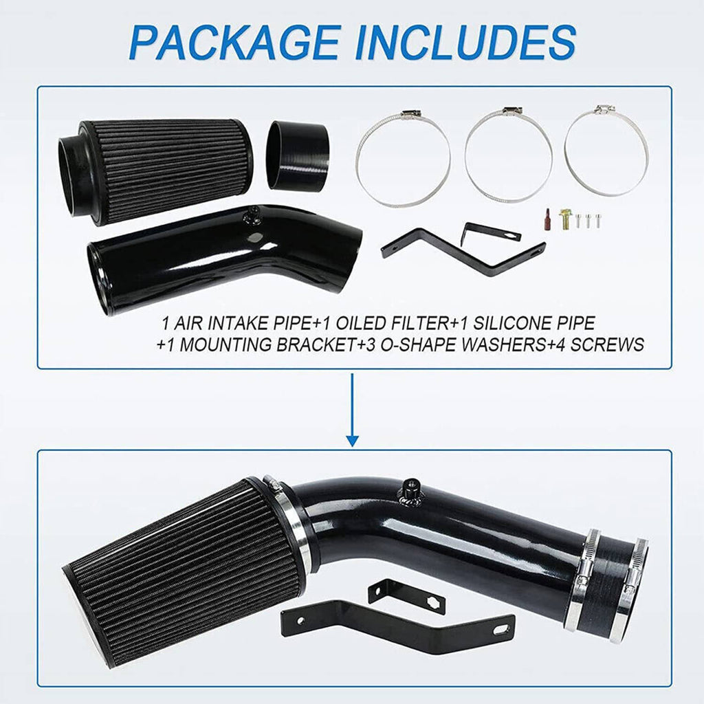 Cold air intake tube and cone filter kit with silicone couplers, clamps, and screws