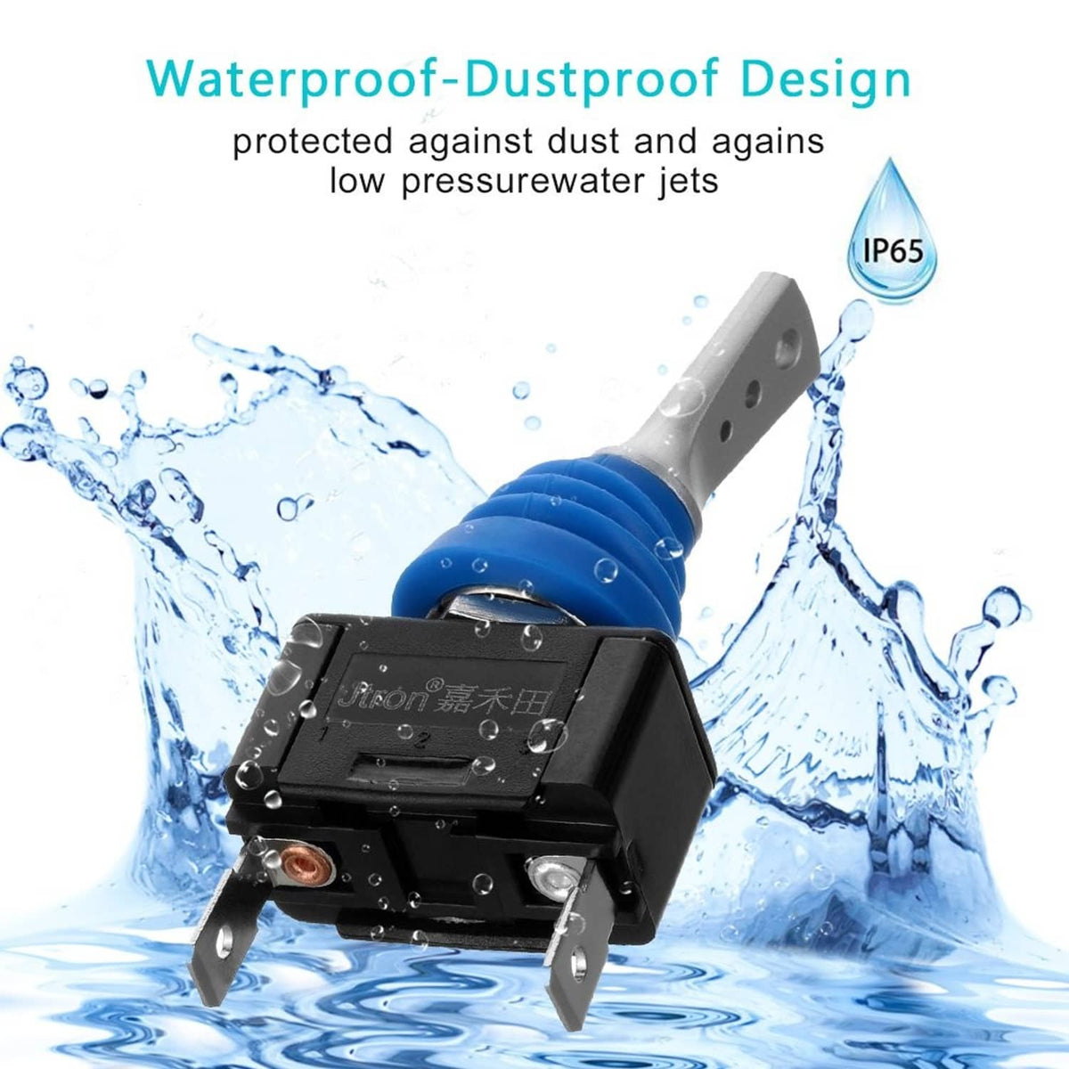 Waterproof toggle switch with black housing and blue boot, silver actuator lever