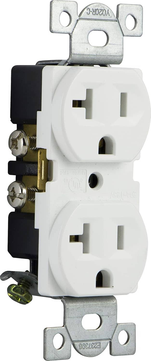 White duplex tamper-resistant receptacle with metal mounting straps and screw terminals