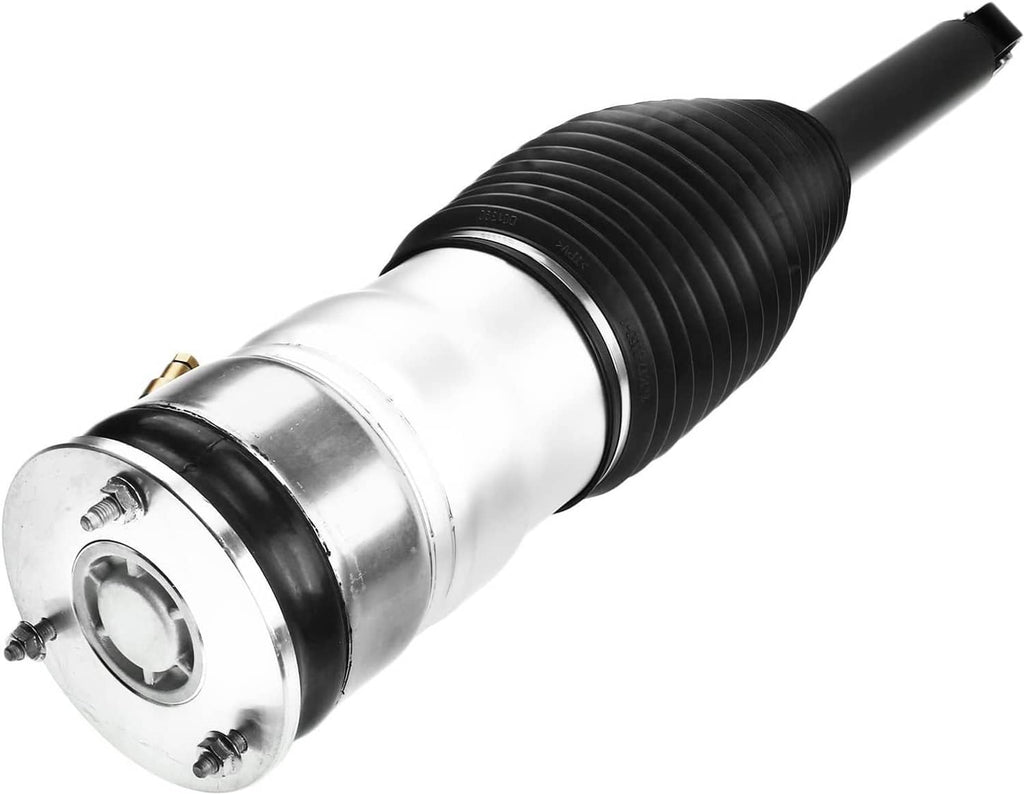 Rear air suspension strut with silver mounting plate and black ribbed air spring