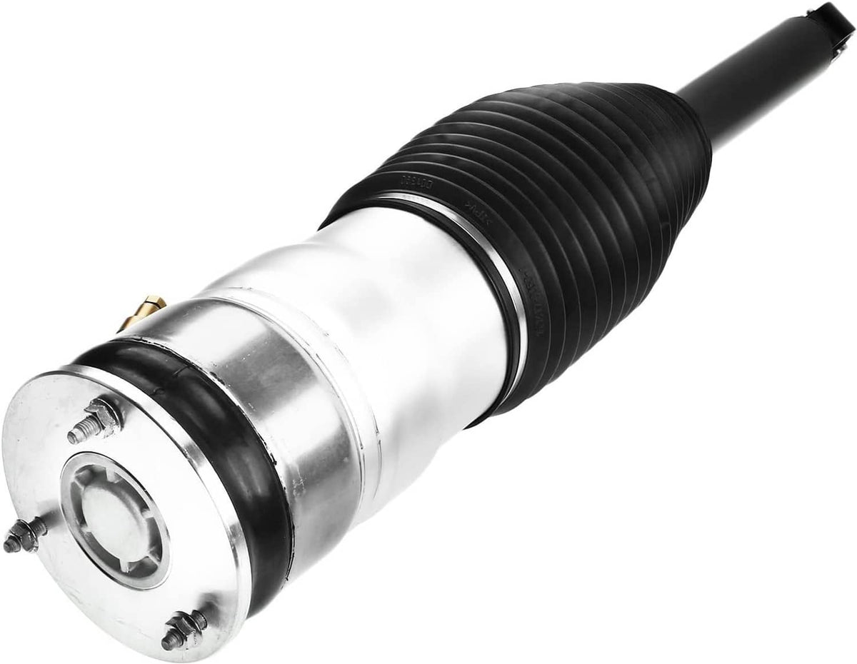 Rear air suspension strut with silver mounting plate and black ribbed air spring