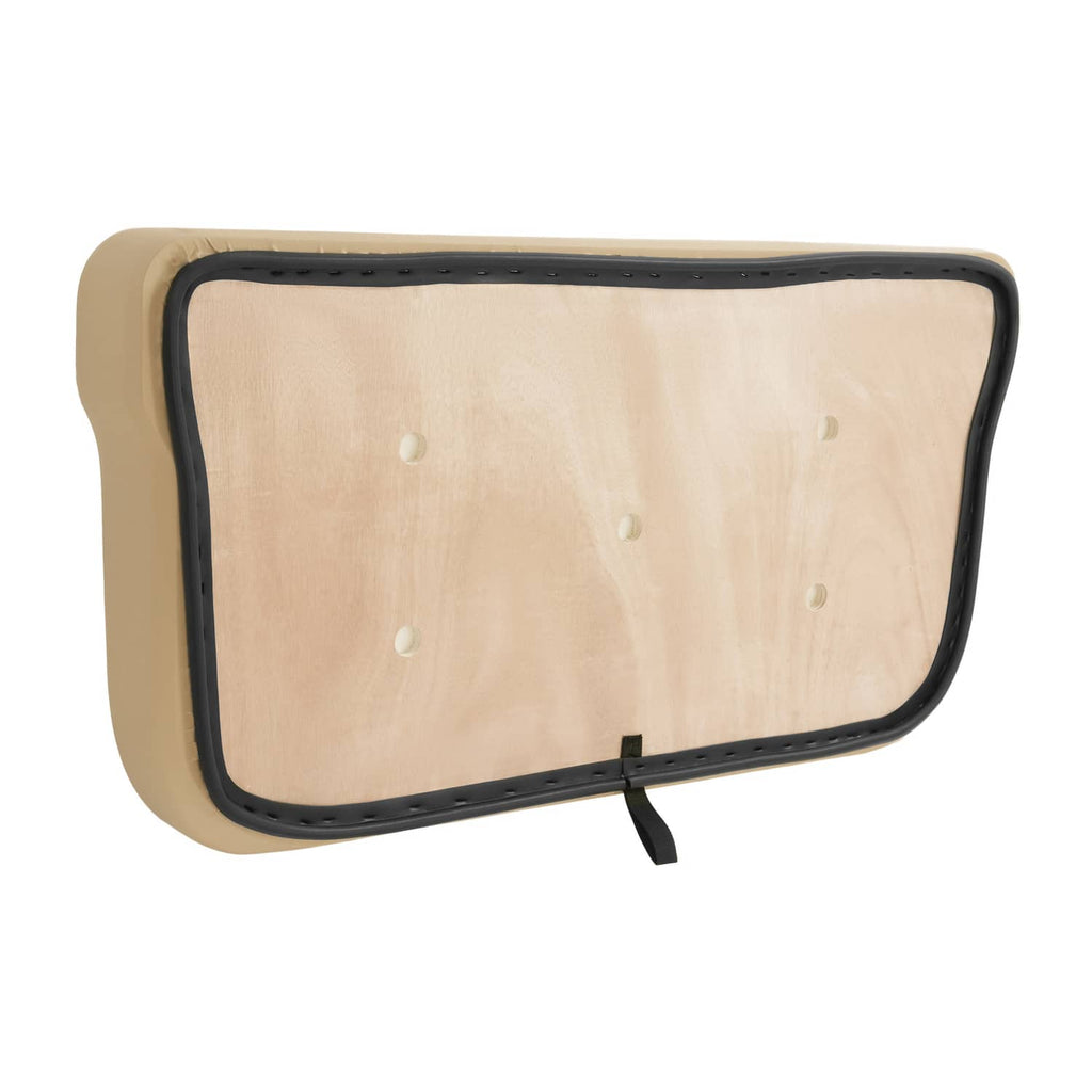 Tan seat panel underside with black trim and stitched edge detail