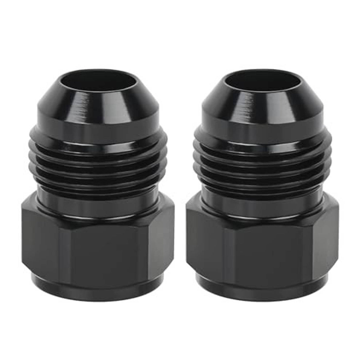 Black AN reducer/expander adapters with threaded ends and flared inlet openings