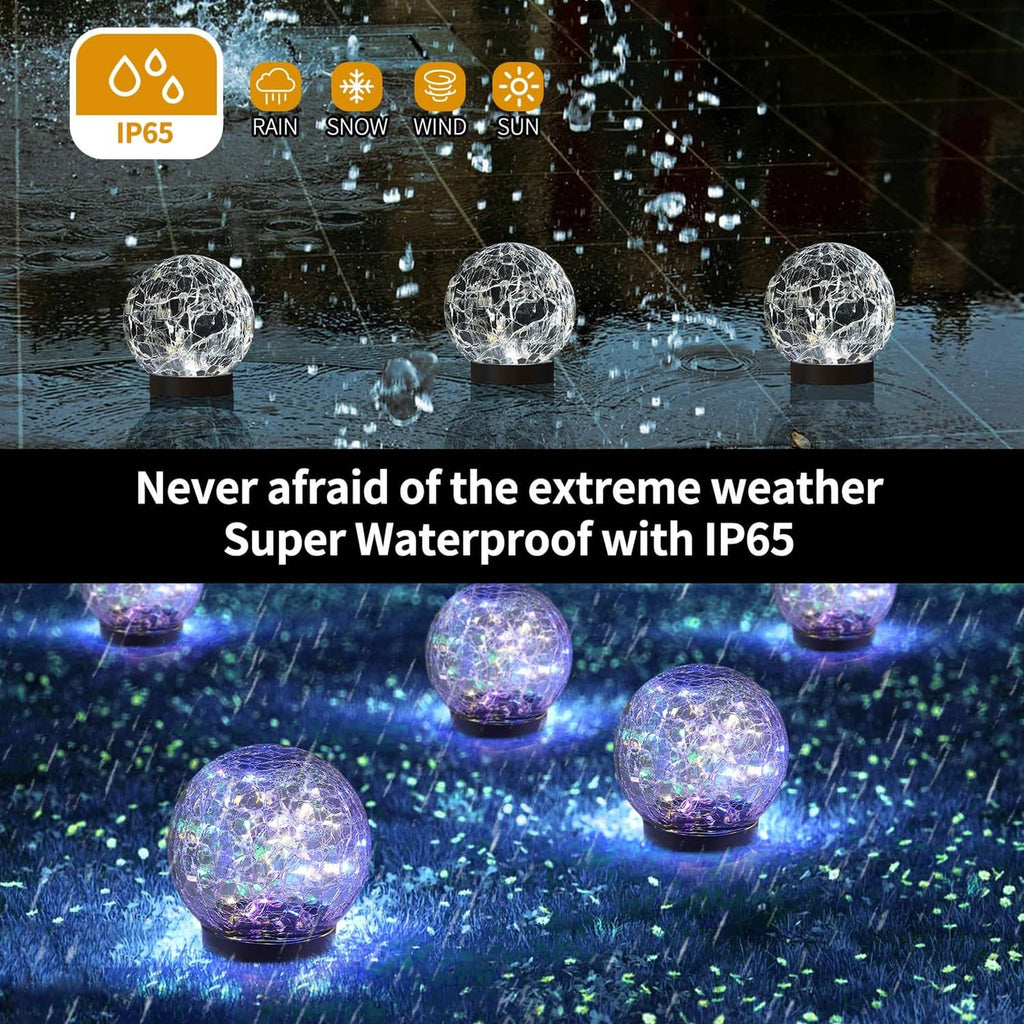 Waterproof outdoor solar globe lights with three glowing purple multicolor glass balls