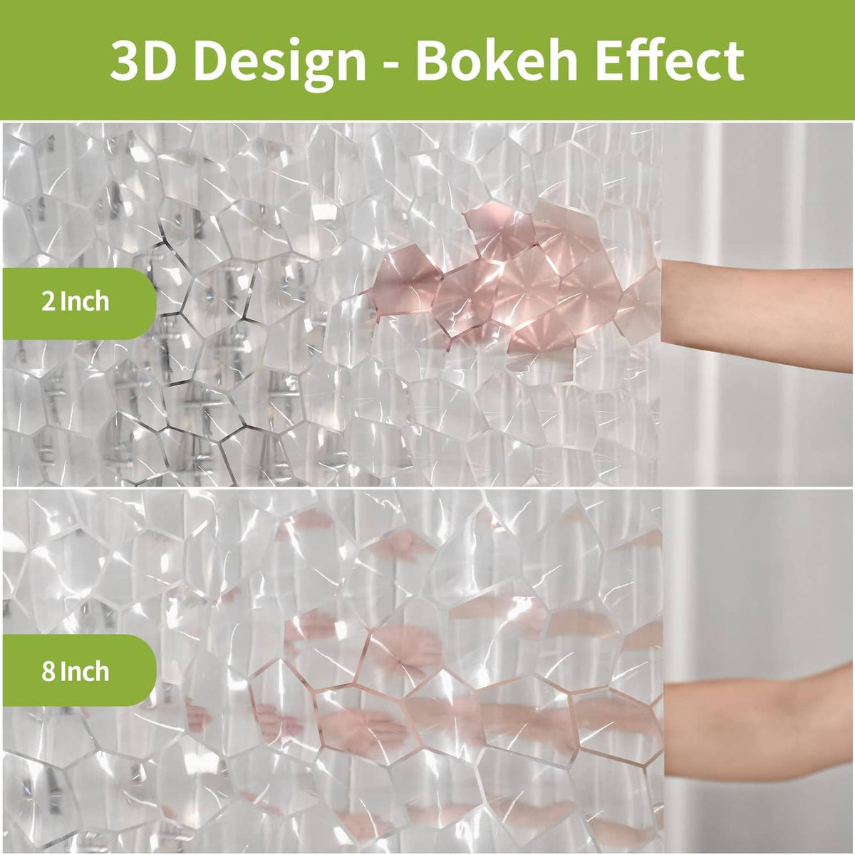 Clear white shower curtain liner with 3D bokeh-effect texture and top hem folds