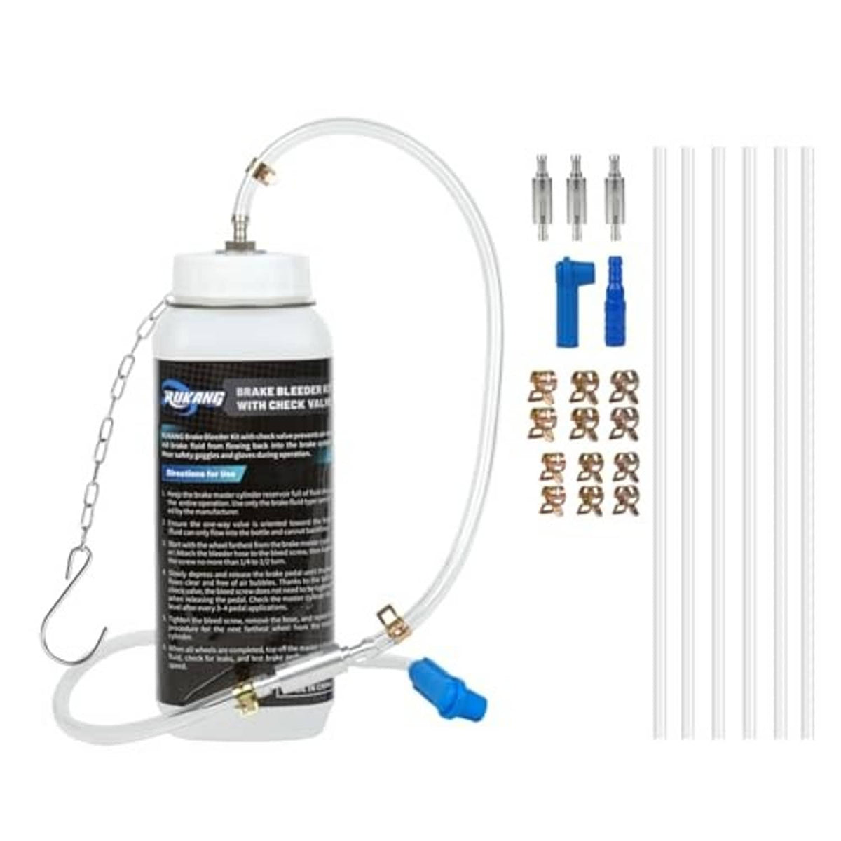 Brake bleeder bottle kit with clear tubing, blue valve, and small metal fittings