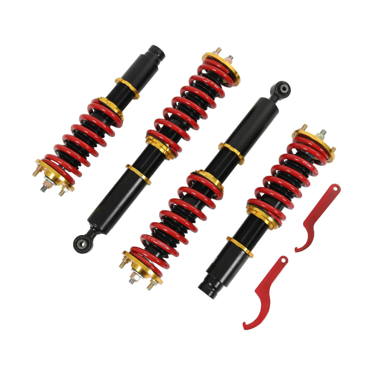 Set of four coilover shocks with red springs, black bodies, and red spring hooks