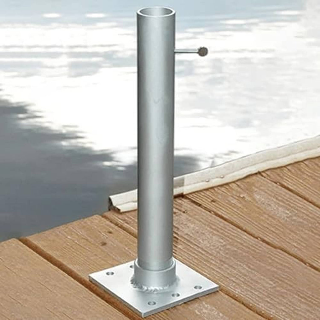 Stainless flagpole dock mount base plate fastened to wooden dock boards