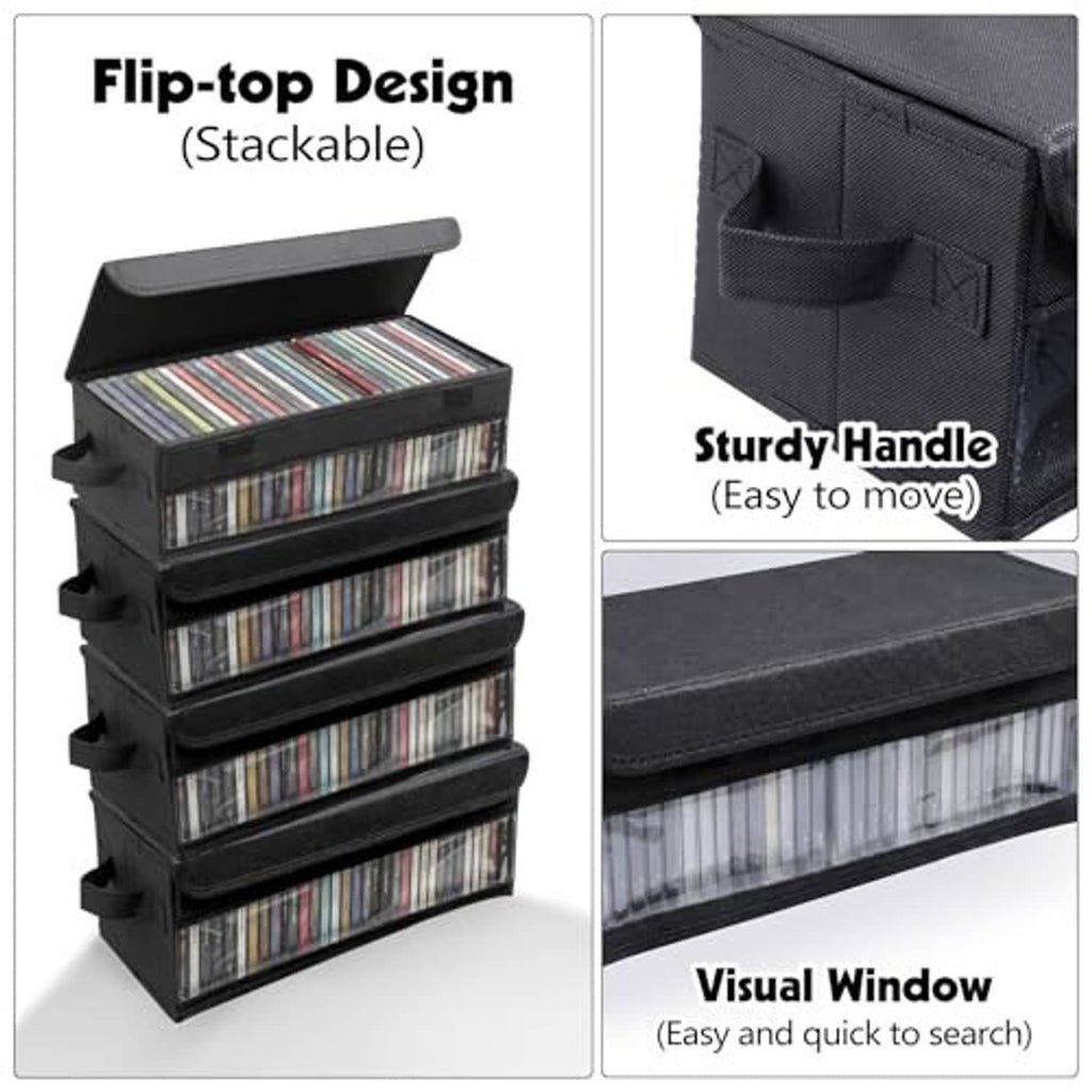 Black stackable CD case holder with sturdy handle and clear viewing window