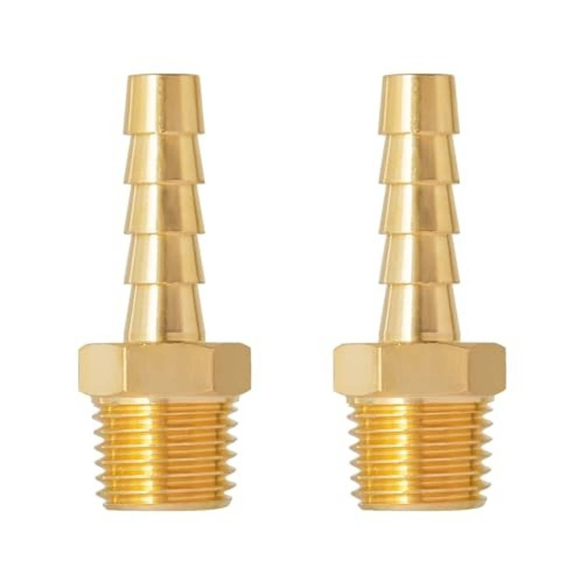 Pair of brass 1/4 in NPT male to hose barb fittings, barbed ends facing up