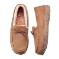 Men’s brown moccasin slippers with plush lining and tied bow, cushioned outsole