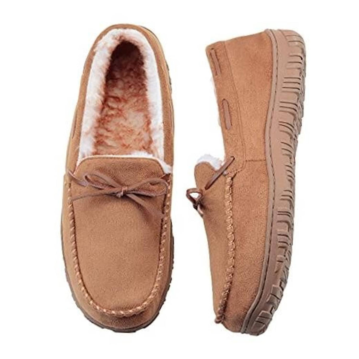 Men’s brown moccasin slippers with plush lining and tied bow, cushioned outsole