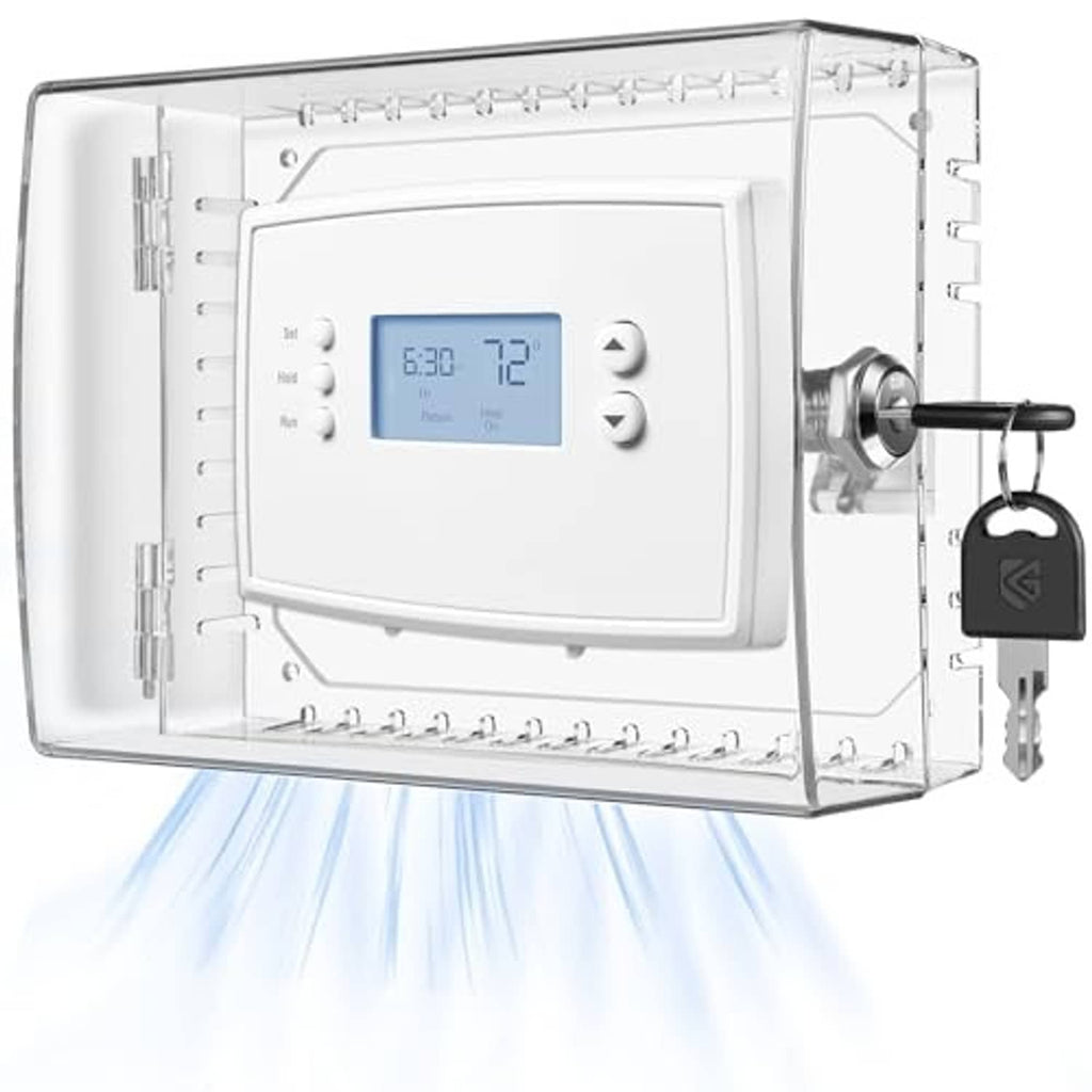 Clear thermostat lock box with hinged cover, blue thermostat screen, and key