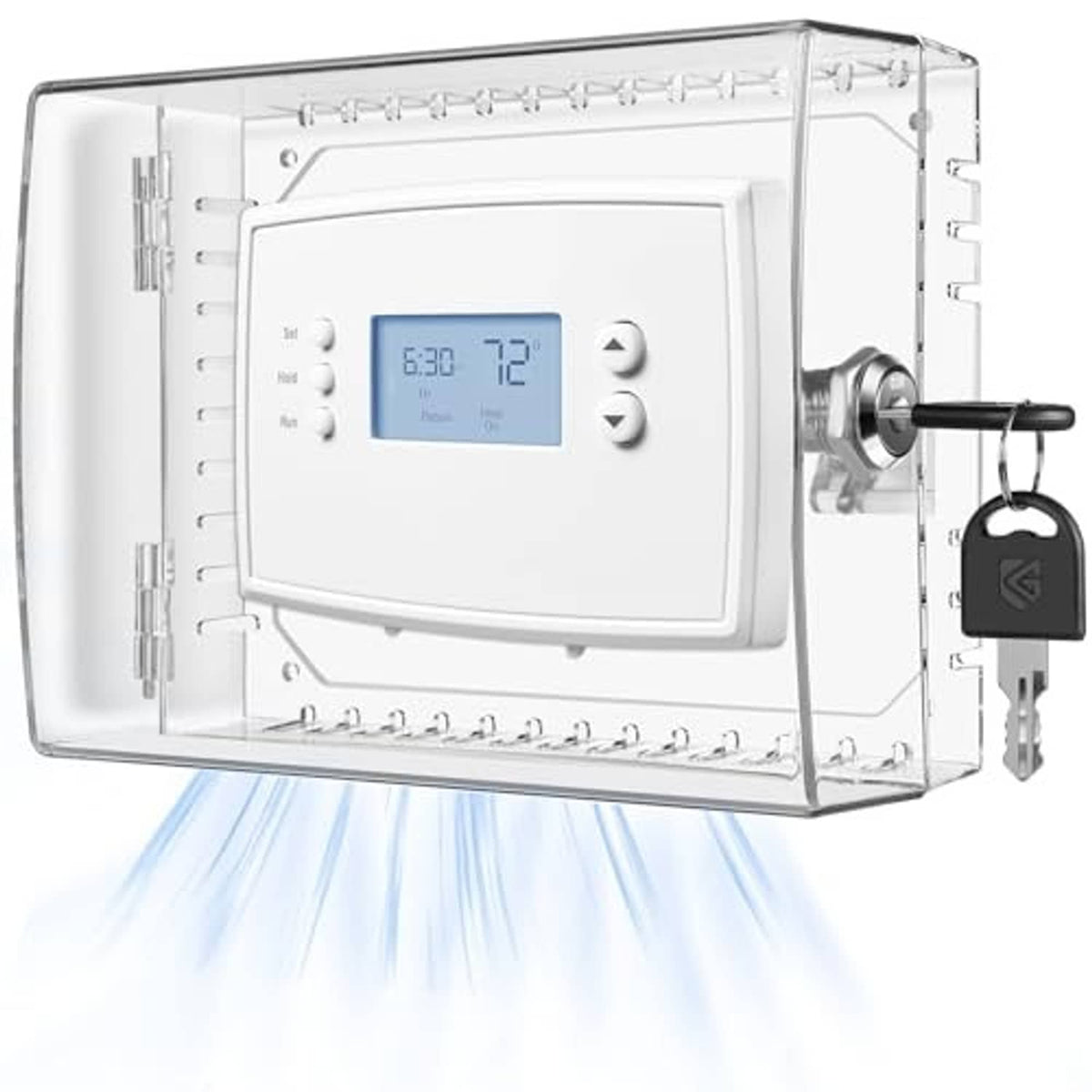 Clear thermostat lock box with hinged cover, blue thermostat screen, and key