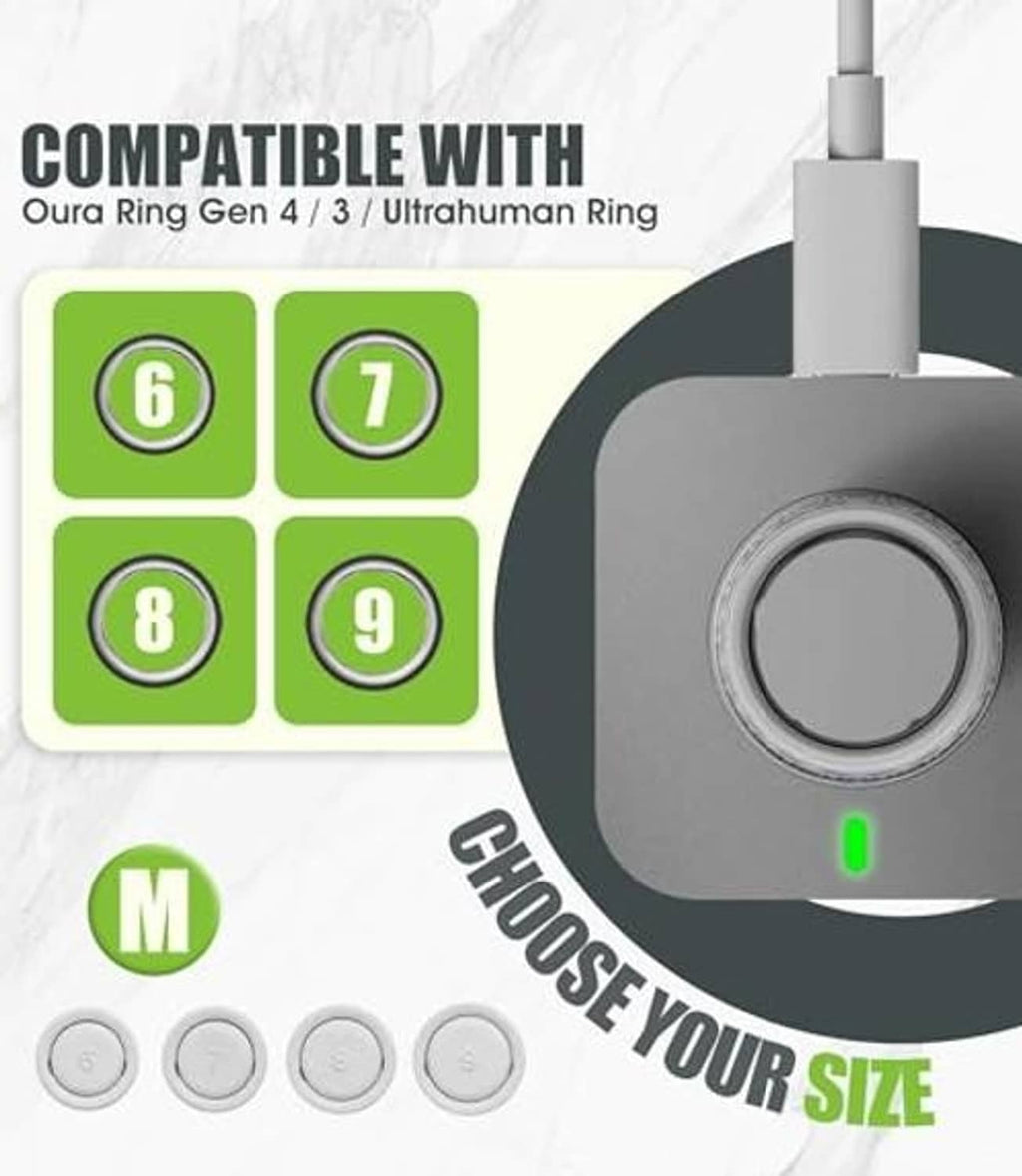 Silicone ring cover with size M selection, showing compatibility labels 6, 7, 8, 9.