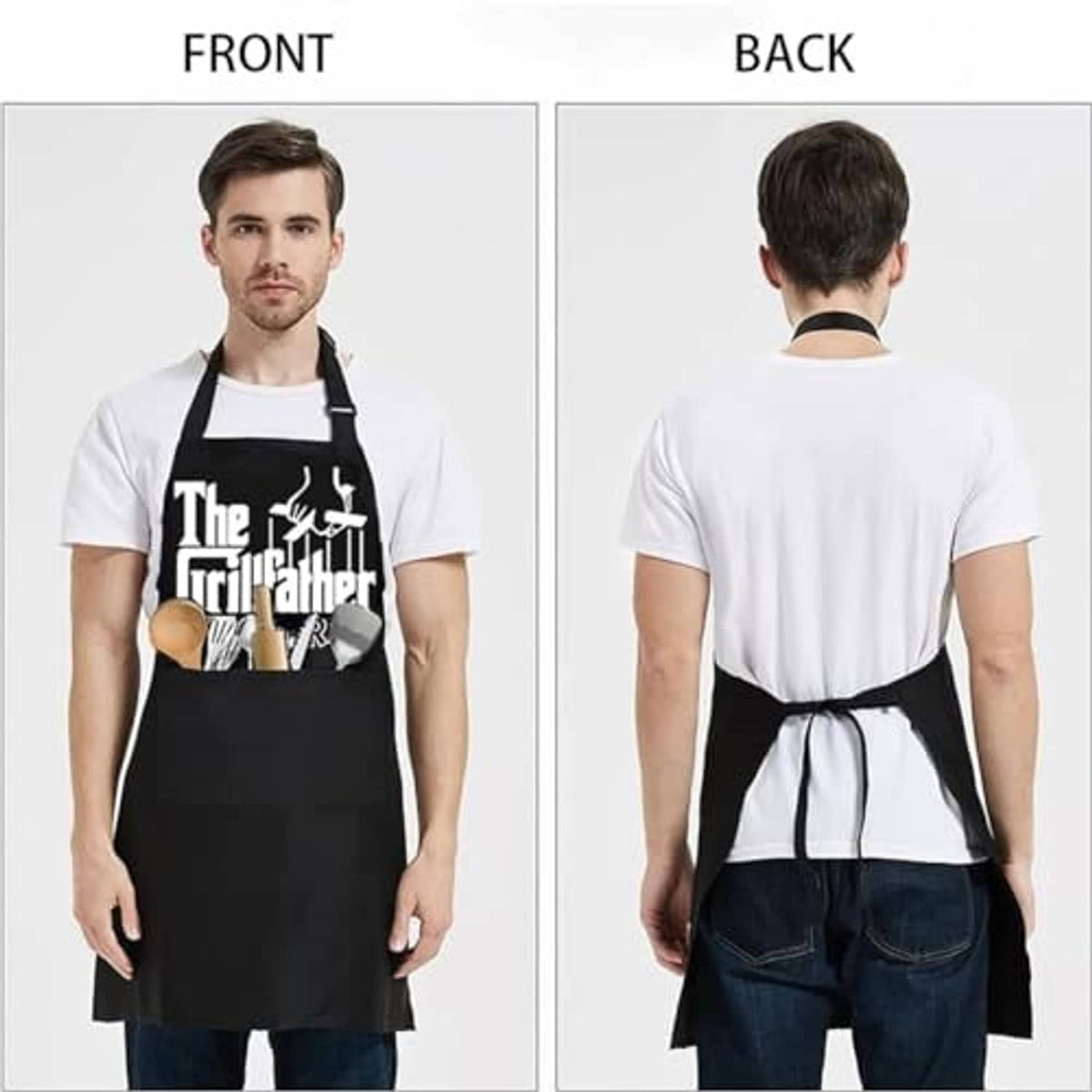 Black apron front and back view with 'The Grillfather' print and long waist ties