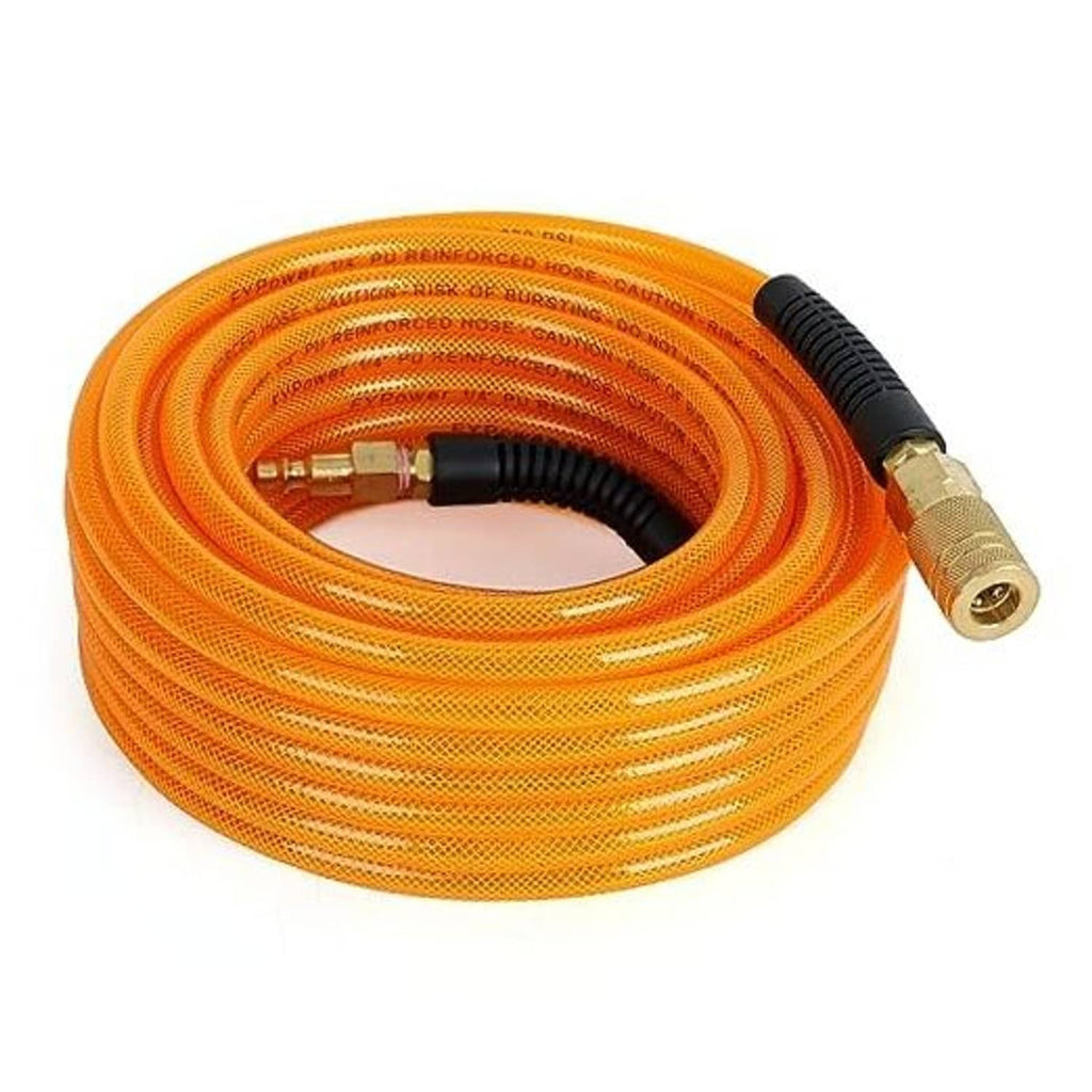 Orange reinforced polyurethane air hose coil with brass quick-connect fitting and black ribbed end