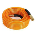 Orange reinforced polyurethane air hose coil with brass quick-connect fitting and black ribbed end