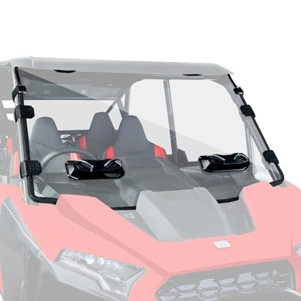 Clear vented UTV windshield panel with black side brackets and clamps.
