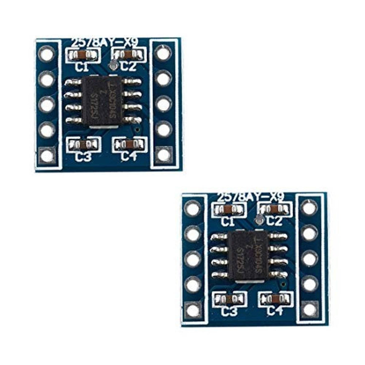 Digital potentiometer module PCB showing central black IC and labeled chip area