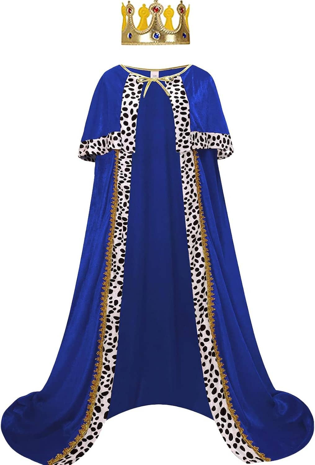 Adult royal blue velvet cloak robe with leopard-print trim and short sleeves, full length