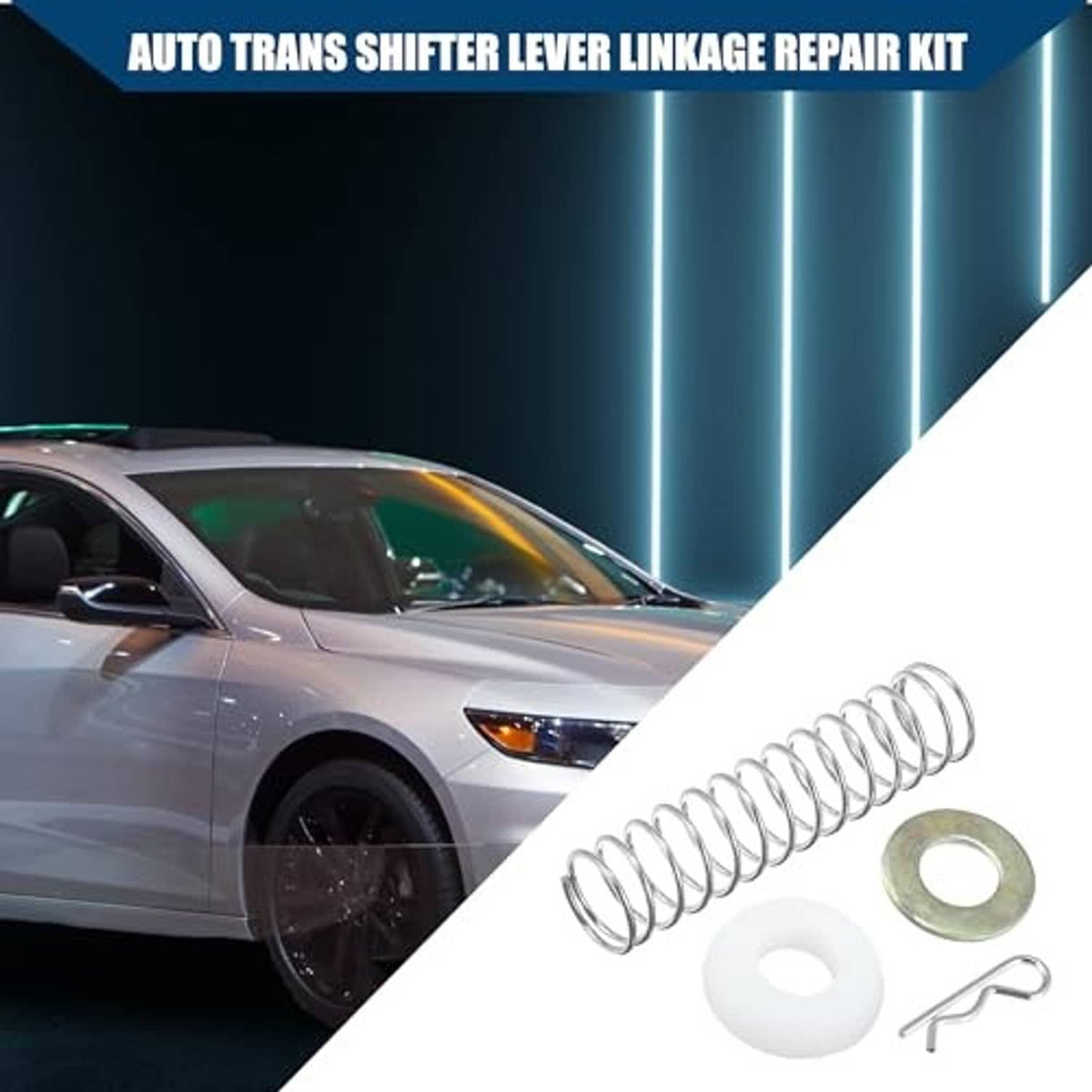 Transmission shifter linkage repair kit with coil spring, white bushing, metal washer, pin