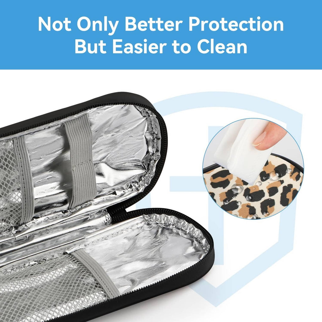 Leopard print insulin cooler case with silver foil lining and wipe-clean interior