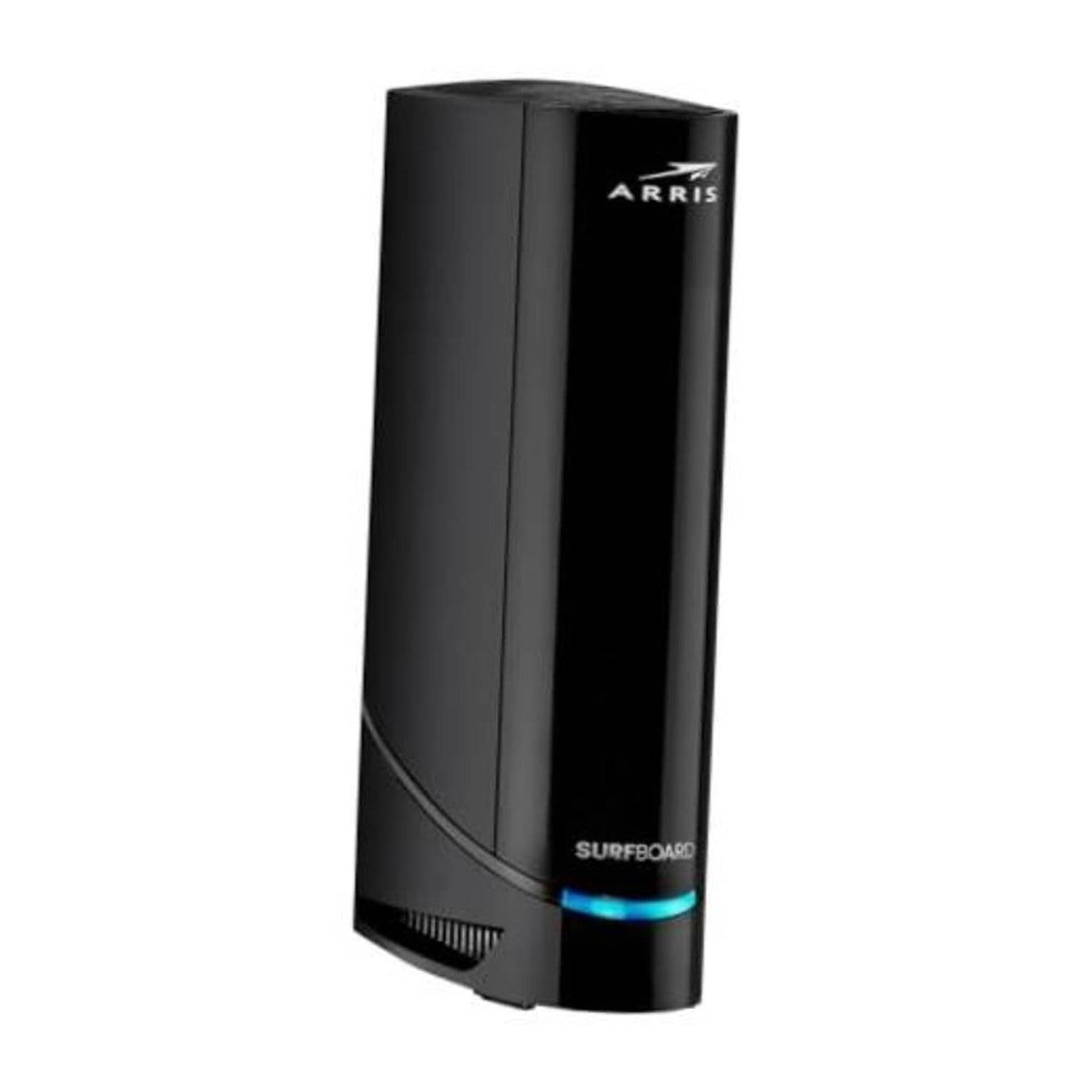 ARRIS SURFboard black cable modem router front view with blue status glow