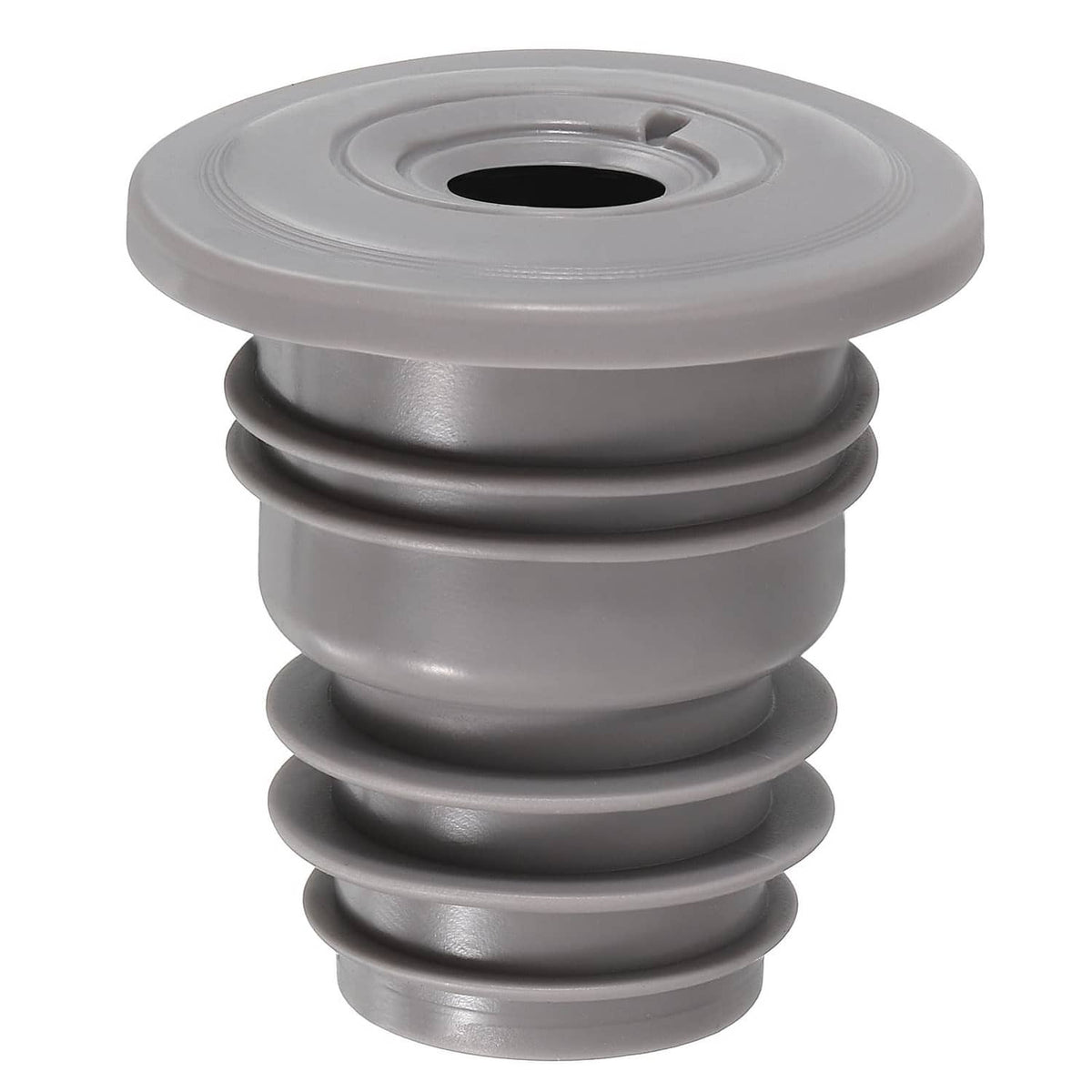 Gray silicone drain pipe seal plug with stacked ridges and center opening