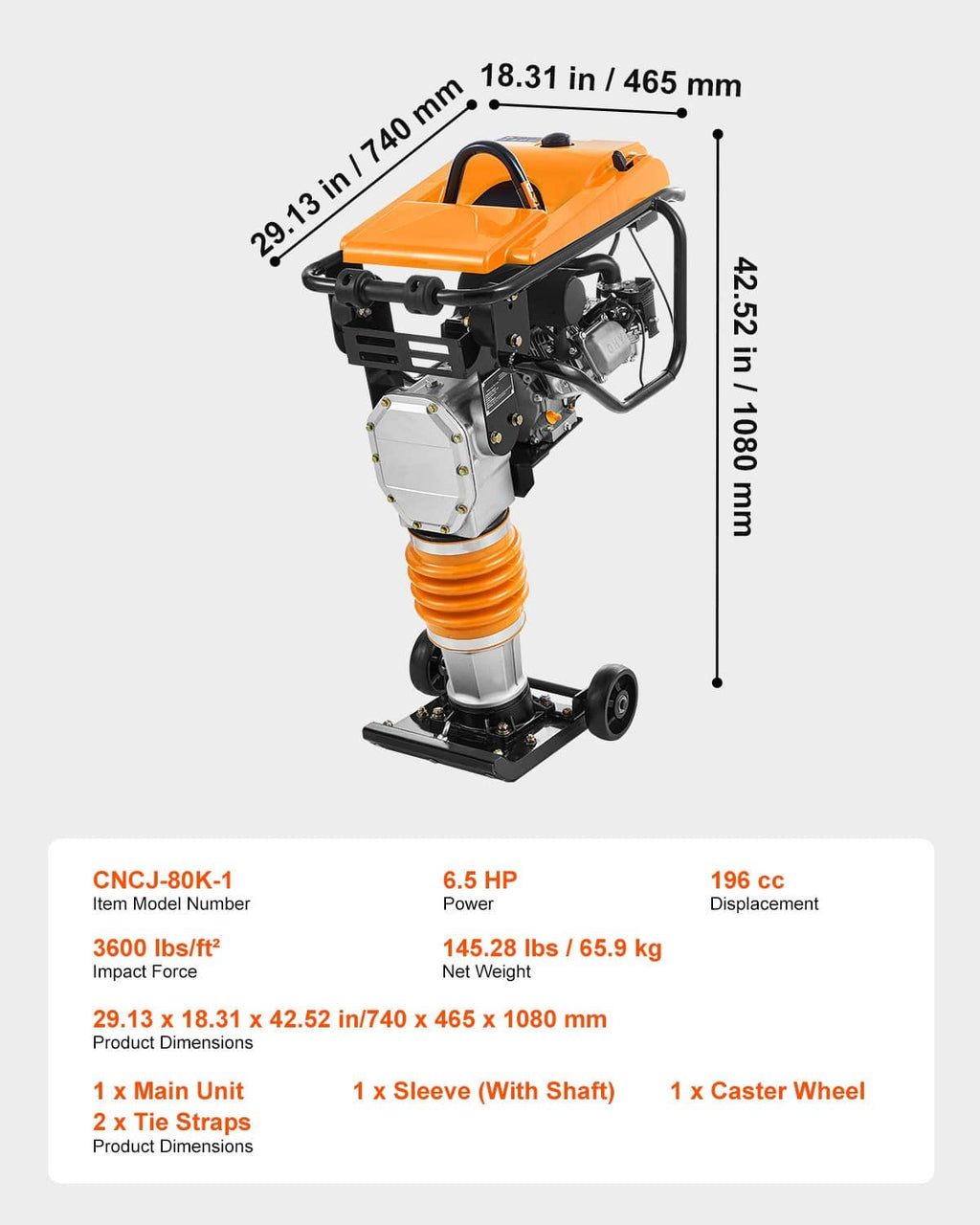 Gas powered jumping jack tamper compactor with orange spring and gray engine, size diagram
