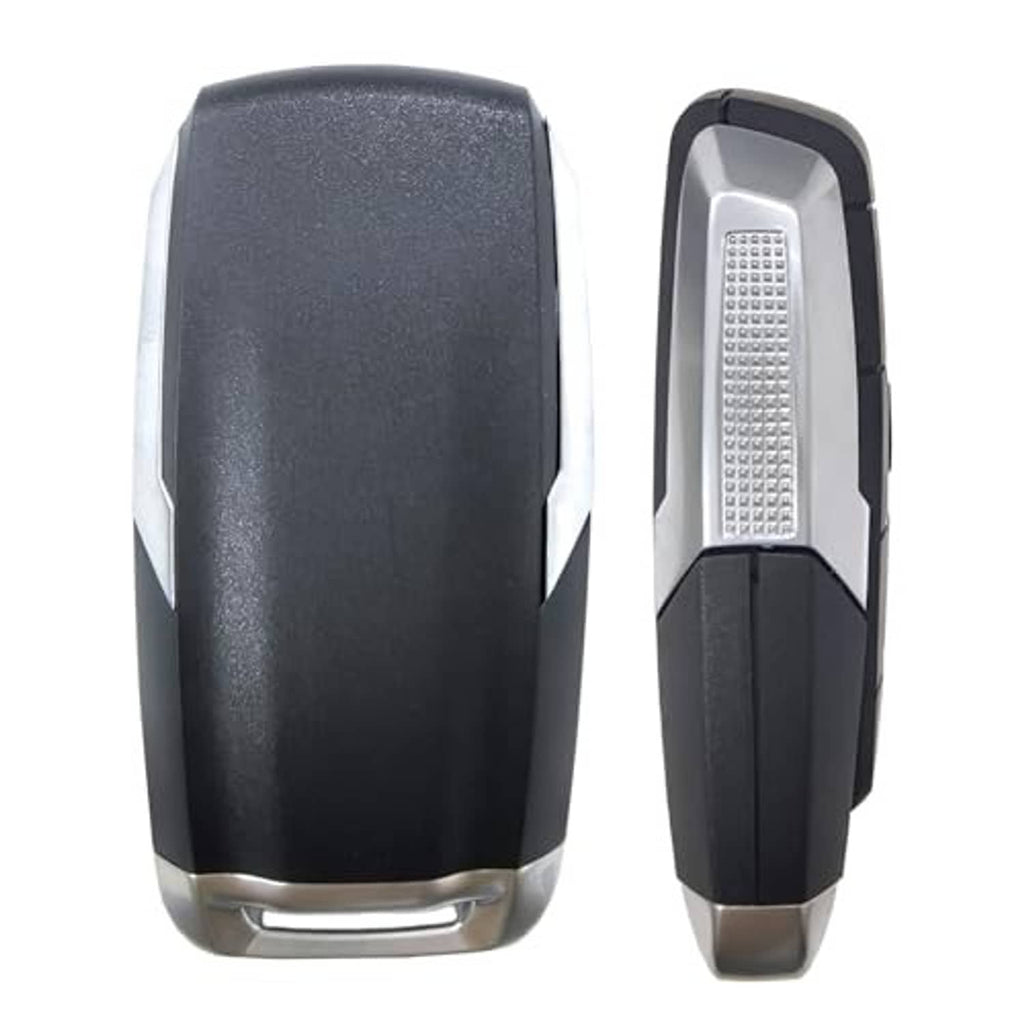 Black proximity key fob side view with silver edge trim and rear button area