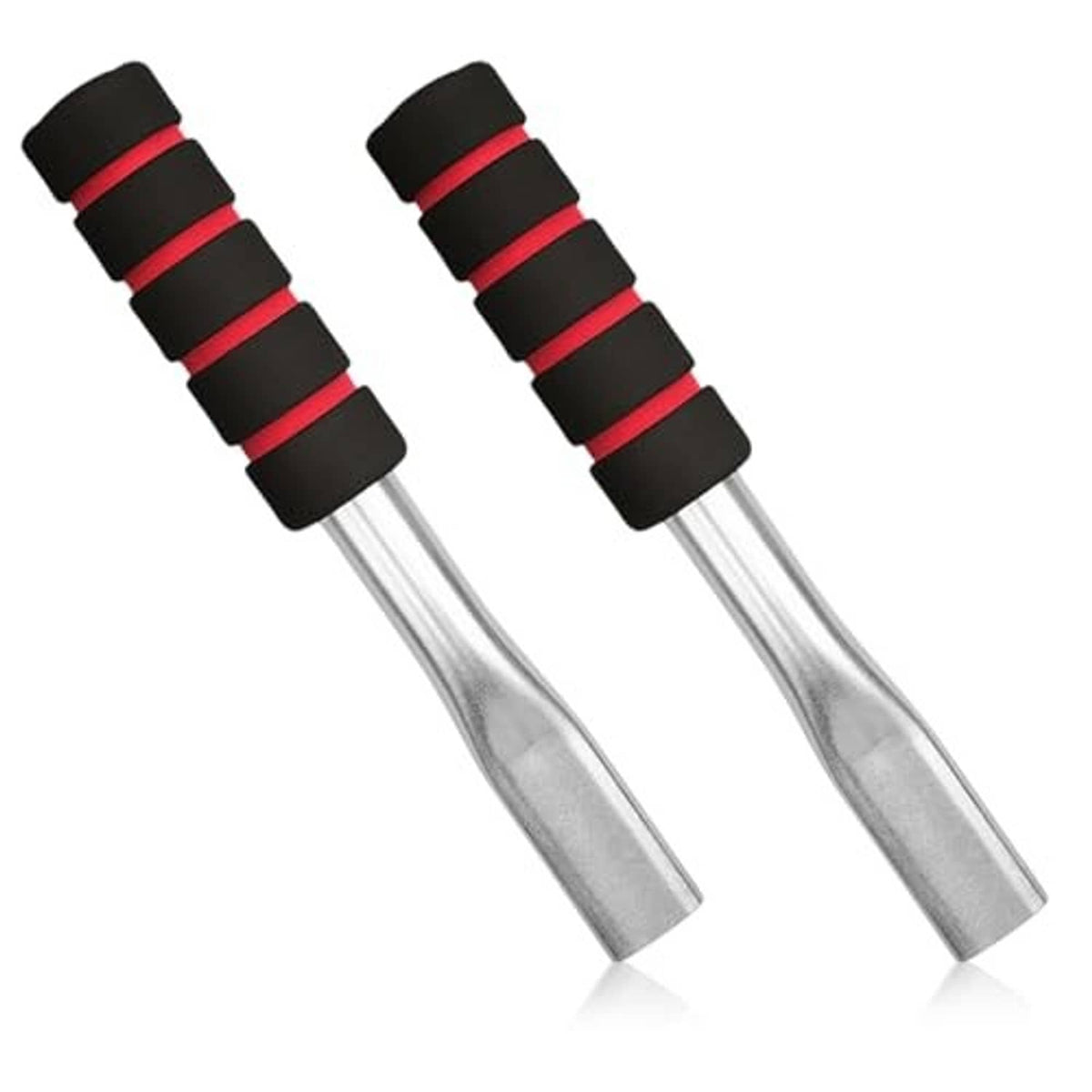 Pair of wheelchair brake extenders with black/red foam grips on silver shafts