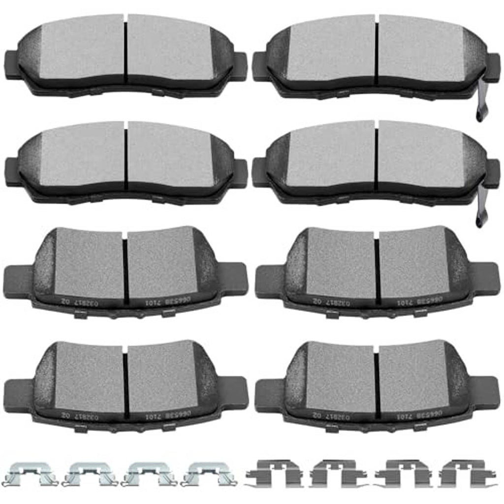 Set of 8 ceramic brake pads, gray friction face with mounting clips and shims