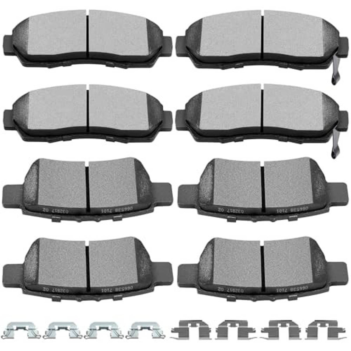 Set of 8 ceramic brake pads, gray friction face with mounting clips and shims