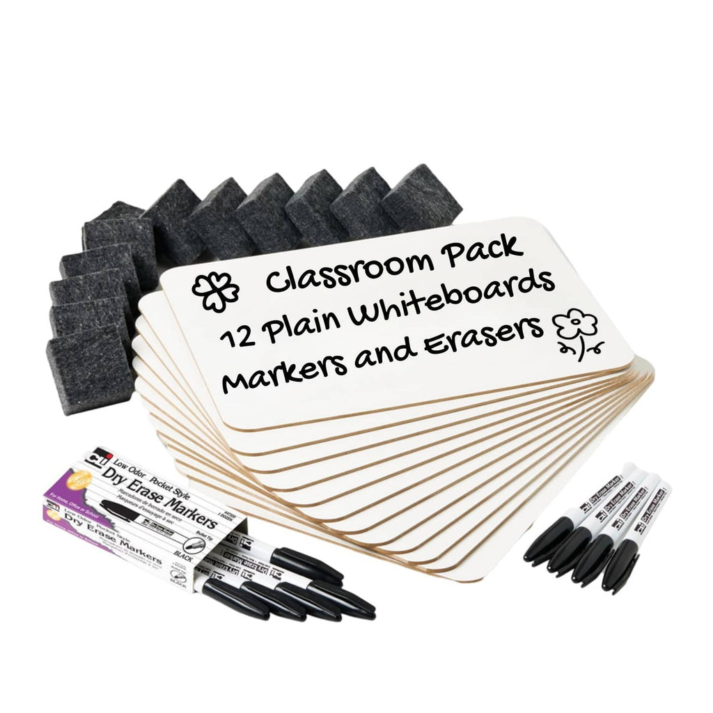 White dry erase lapboard classroom set with markers and dark felt erasers, 12-pack