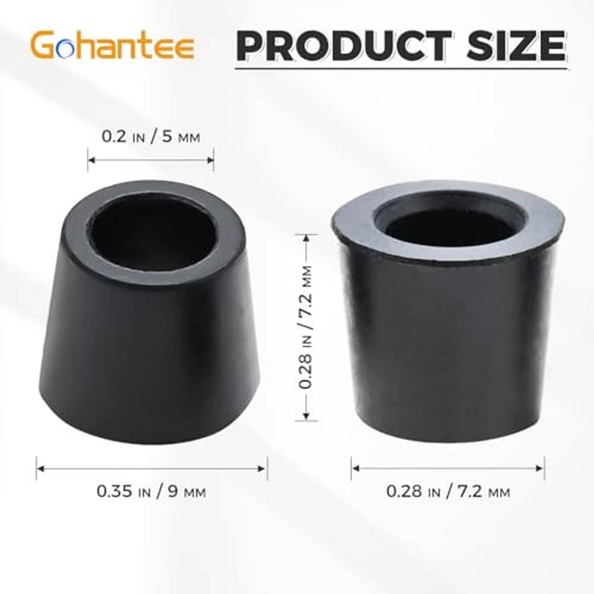 Black rubber conical gasket caps with open center, size markings shown