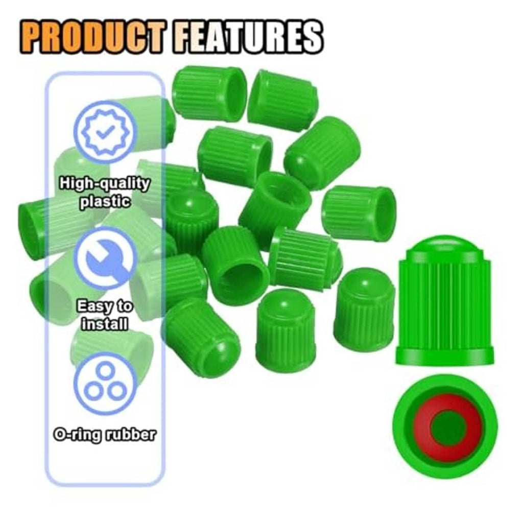 Green tire valve stem caps with O-ring rubber seal and ribbed grip