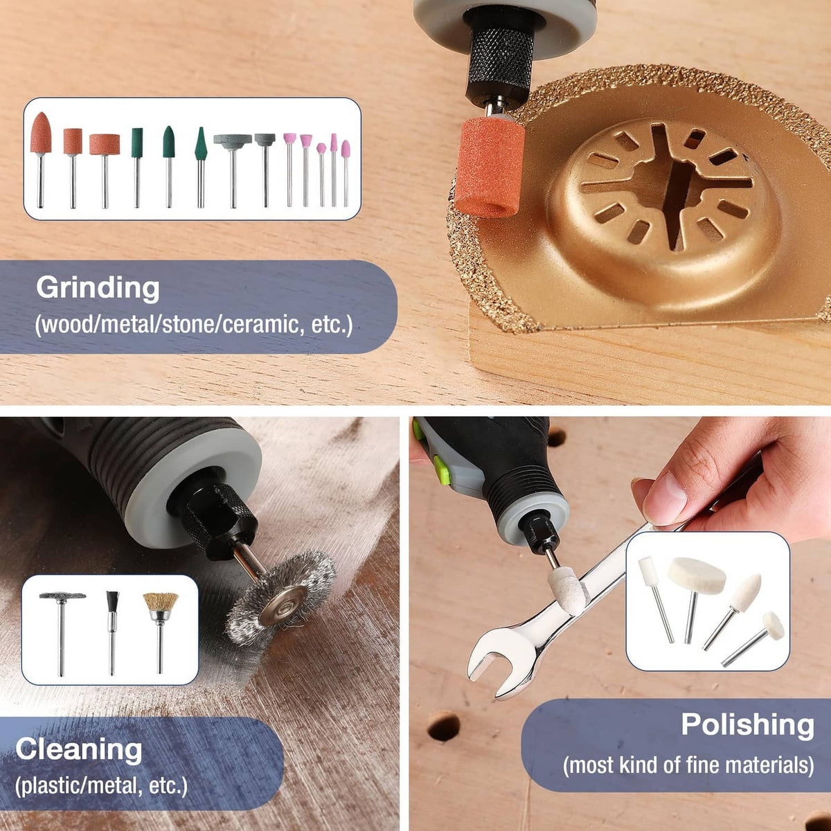Grinding, cleaning, and polishing rotary accessory wheels for wood, metal, and ceramic