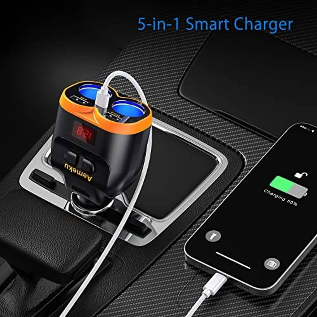 Black-and-orange dual-port car charger with blue USB-C and QC ports and connected charging cables