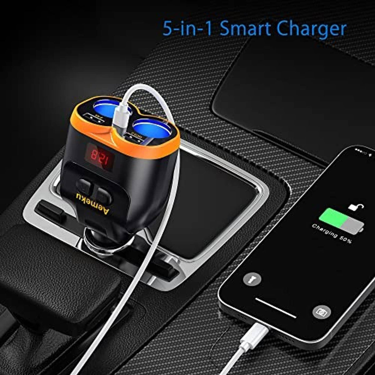 Black-and-orange dual-port car charger with blue USB-C and QC ports and connected charging cables