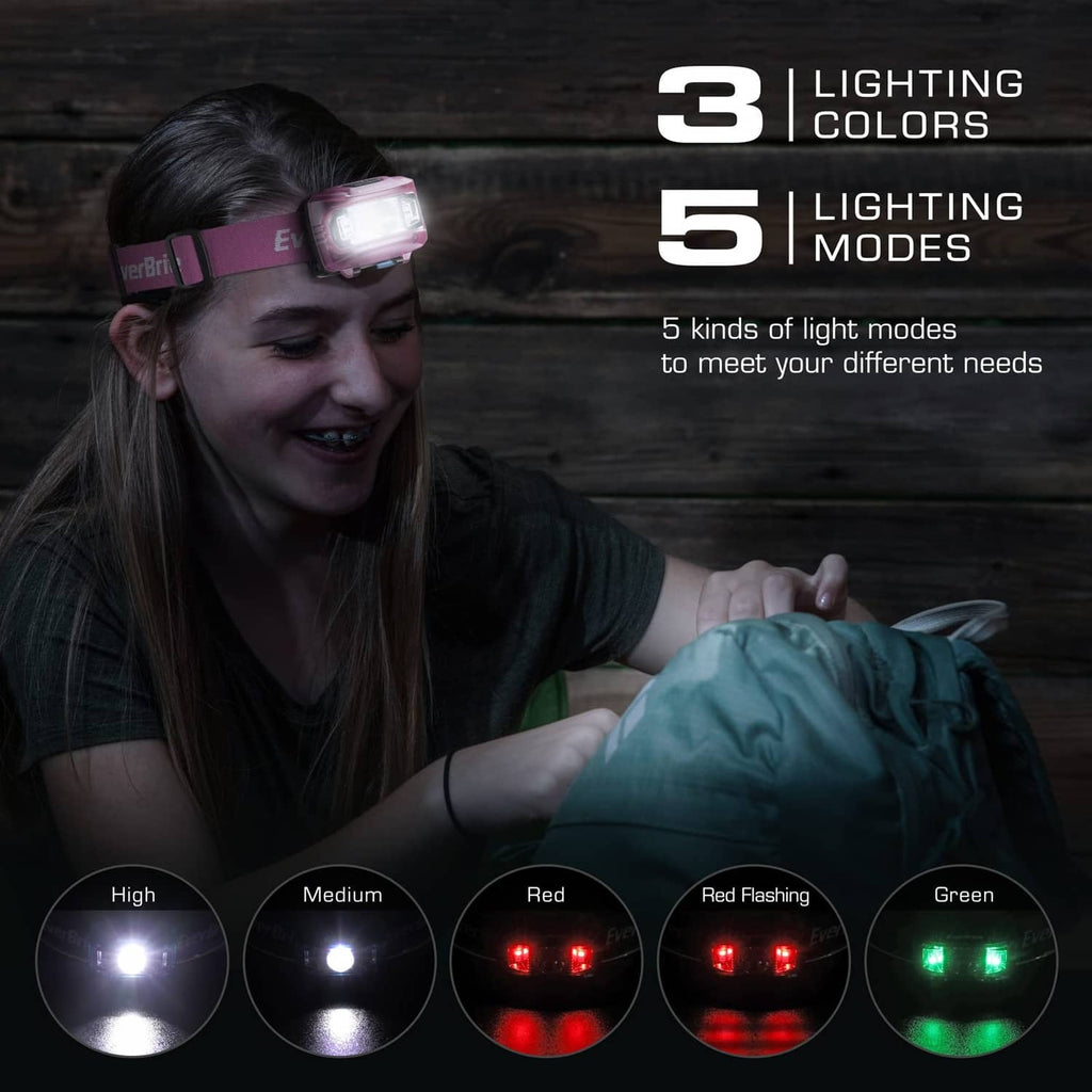Pink kids headlamp worn on forehead, with multiple light colors and modes.