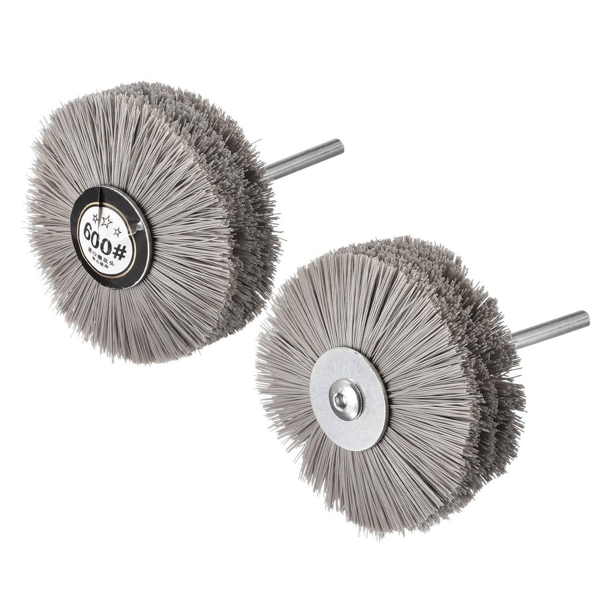 Grey nylon wire polishing wheel with 600+ grit label and metal shank, two wheels