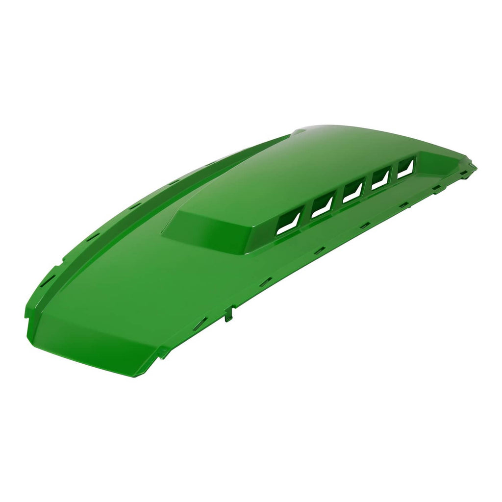 Green hood panel with curved edge, top vent slots, and side mounting tabs