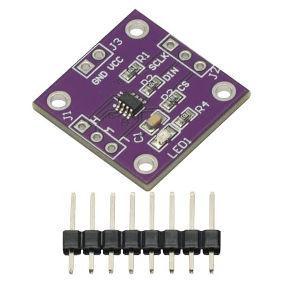 Digital potentiometer module with purple PCB, 10-pin header, and four round mounting holes.
