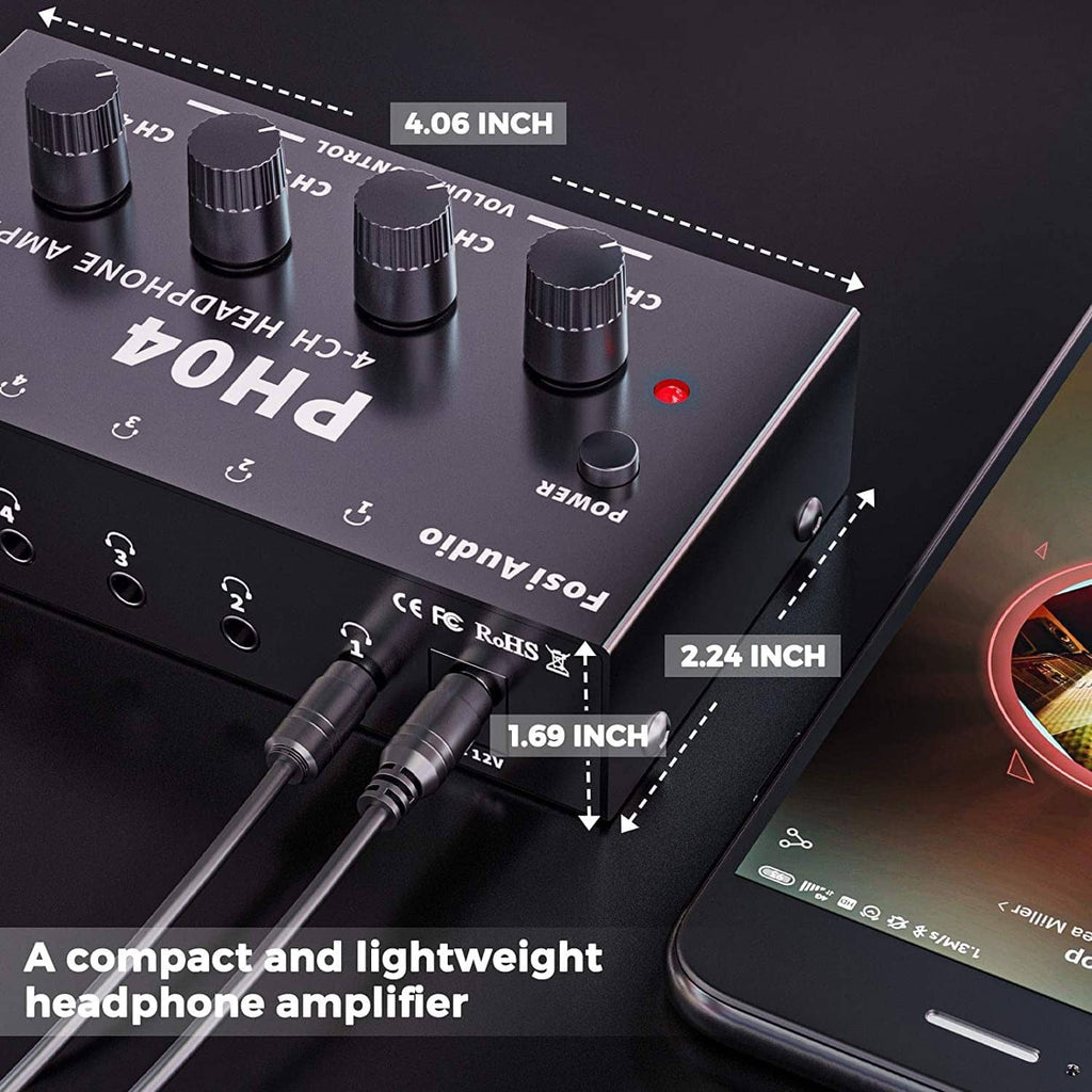 4-channel headphone amplifier top view with labeled controls and input/output ports
