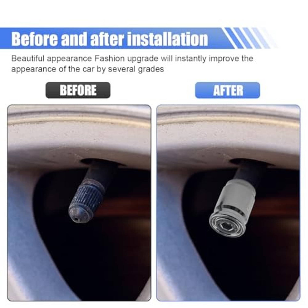 Tire valve stem caps before and after installation, one cap fitted on a valve